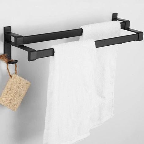 Porte-Serviettes Adhésif, Porte-Serviettes Noir Mat, Porte-Serviettes Avec Deux Porte-Serviettes et Crochet, Porte-Serviettes en Alliage d'Aluminium Non Perforé + 2 Crochets(40cm) (1/5)