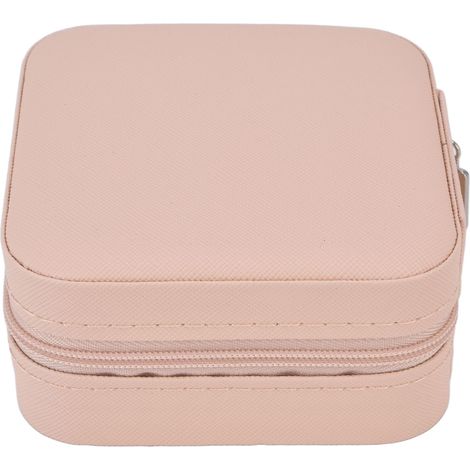 Boîte à bijoux portable avec fermeture éclair, 4 compartiments, grande capacité, doublure douce, mini boîte de rangement pour bijoux de voyage, rose nude (1/5)