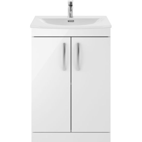 Millwich Contemporary 2 Door Floor Standing Vanity Unit with Curved Basin, Gloss White, 600mm