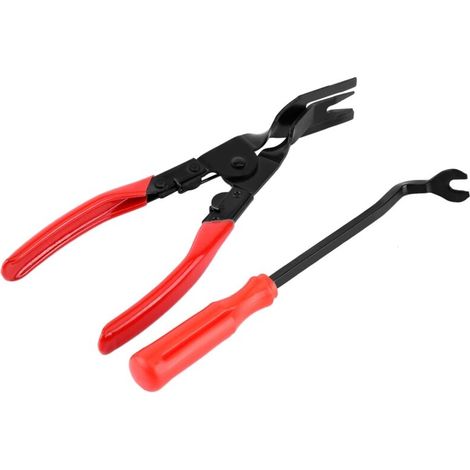 Un ensemble d'outils permettant de retirer les clips décoratifs des panneaux de porte intérieurs d'un véhicule, facilitant ainsi le démontage des garnitures intérieures. (1/5)