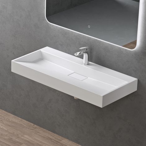 doporro Lavabo da Appoggio Bagno Sospeso Lavandino Rettangolare in Marmoresina con Piletta di Scarico Inclusa Colossum19, 100x46x11 cm Bianco Opaco Monoforo