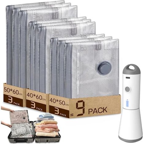 Sacs de rangement pour vêtements adaptés aux aspirateurs avec pompes à vide sans fil, ensemble de 9 pièces (340x50cm, 340x60cm, 350x60cm), réutilisables.-AquaForge