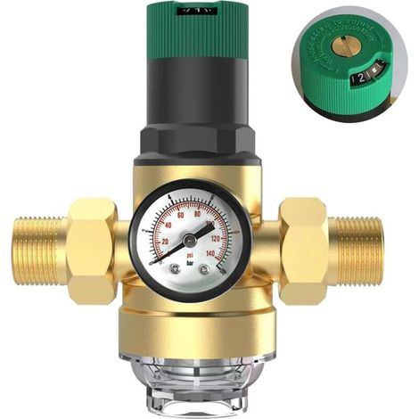 Reducteur de Pression Eau avec Manometre, Filtre à Eau Raccord Domestique 3/4 Réducteur de Pression Réutilisable Pré-filtre Filtre à Sédiments Réducteur de Pression D'eau Laiton (1/4)