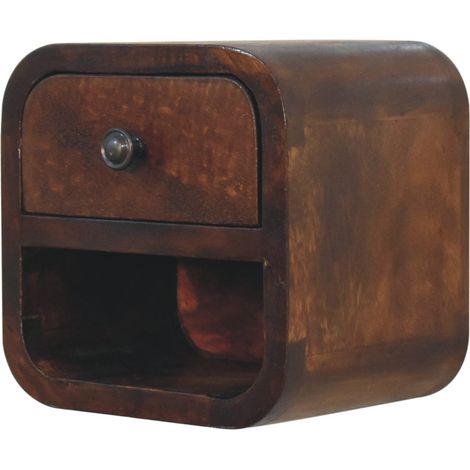 Table de chevet extra mini incurvée en bois massif châtaignier, 1 tiroir + étagère ouverte, marron foncé, design scandinave compact (1/4)