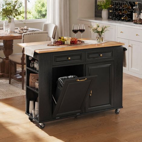 Isla de cocina 120×40-70×92 cm con encimera abatible, enchufes integrados y espacio para cubo (1/5)