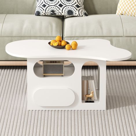 Couchtisch mit Schubladen, 97 x 45 x 43,5 cm, wolkenförmig, mit Schubladen und offenen Regalen, maximale Tragkraft 80 kg, weiß (1/5)