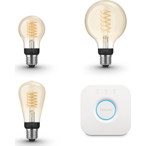 Philips Hue Kit de démarrage E27 avec 3 Ampoules à filament Mix Lumière blanche chaude - Comprend 1 Bridge - White (1/5)