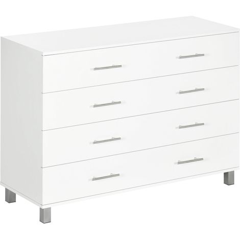 Commode à 4 tiroirs sur pieds, style moderne, idéale pour le salon ou l'entrée, 112 x 38,2 x 81 cm, blanche.
