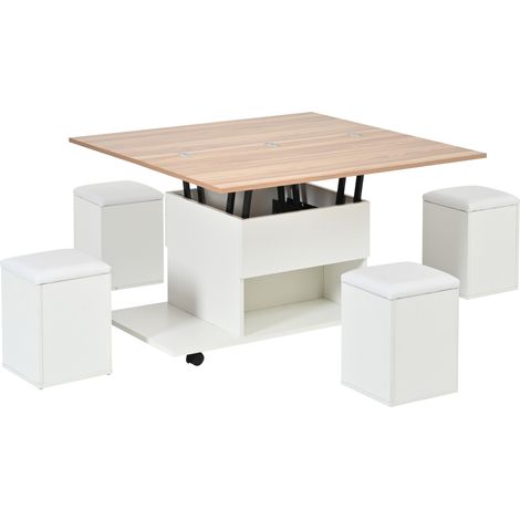Tavolino da salotto sollevabile 3 in 1 con contenitore, ruote e 4 sgabelli, bianco legno (1/5)