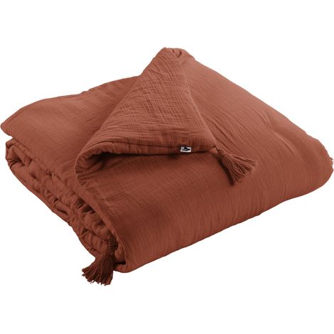 Edredon bout de lit en gaze de coton 90x200 cm – Coloris terracotta – Finition pompons – 100% coton, capitonnage léger polyester – L'Effet Papillon