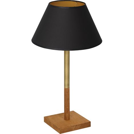 Lampe de table bois carré, laiton, abat-jour noir E27