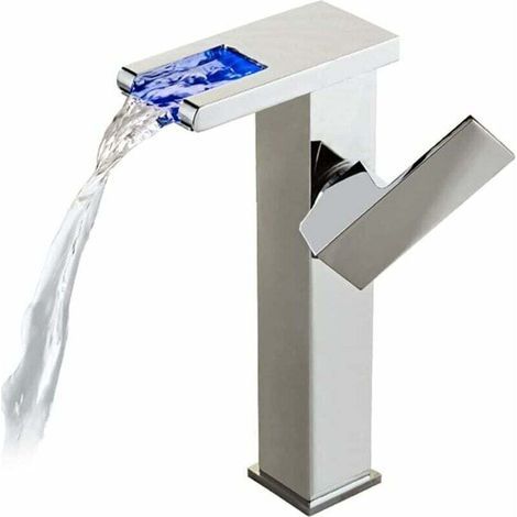 Robinet Lavabo LED Haut Cascade Robinet Salle De Bain,Moderne Design Élégant Laiton Mitigeur Lavabo,Eau Chaude Et Froide Disponible,3 Changements De Couleur,Chromé (1/5)