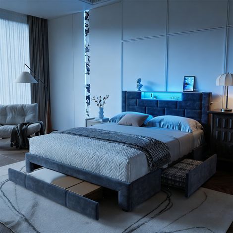 Lit double adulte 160x200 cm avec tiroirs, tête de lit avec rangement, éclairage LED, ports USB, velours gris (1/5)