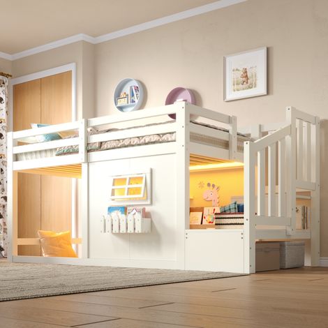 Kinder-Hochbett 90 x 200 cm mit Stauraumtreppe, Fenster, LED, Kiefernholz und MDF, Weiß (1/5)