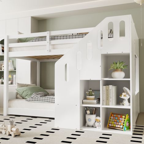 Cama litera con escalera y almacenaje, madera 90x200 DESVIAE (1/5)