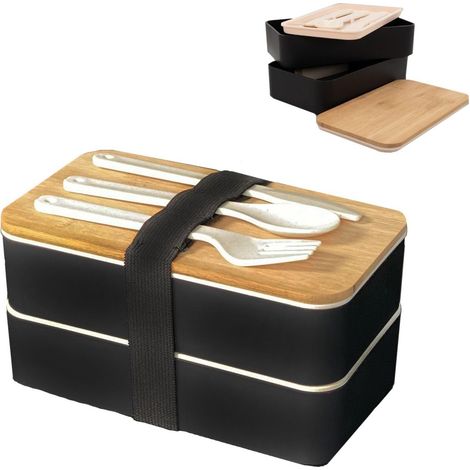 Lunchbox Bento Box mit 3 Fächern und Besteck in Schwarz - 18,5 x 10,5 x 9,3 cm - Brotdose für Erwachsene Kinder, Ideal für die Schularbeit mit Messer Gabel Löffel