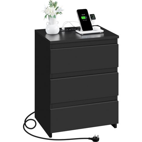 Yaheetech Comodino Camera da Letto 3 Cassetti con Stazione di Ricarica 2 Porte USB e 2 Prese AC Comodino Smart Salvaspazio Tavolino da Notte 45,5 x 35,5 x 60,5 cm (1 Pezzo) Nero (1/5)
