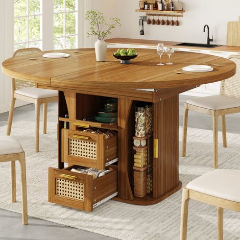 Mesa extensible 118-158 cm con almacenaje, mesa extensible comedor cajones de ratán, tablero MDF efecto madera – para comedor y cocina (1/5)