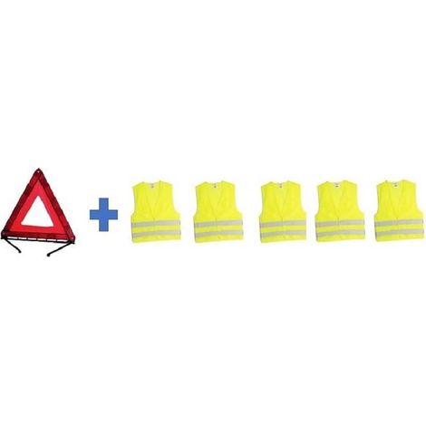 Pack sicurezza HTC EQUIPEMENTS - 1 triangolo di segnalazione 550gr + 5 gilet di sicurezza giallo taglia XL 2 bande riflettenti