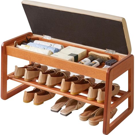 Wooden Shoe Storage Bench with Folding Lid, 2 Tier Entryway Shoe Bench, Shoe Rack 80cm for Living Room, Hallway, Bedroom, Cherry Wood (1/5)