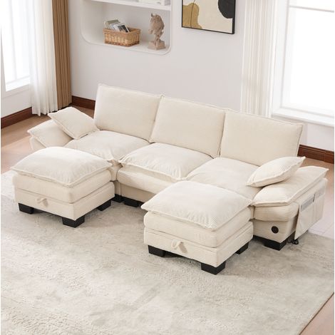Divano modulare 3 posti in velluto a coste, con 2 pouf, USB-C, beige DESVIAE (1/5)