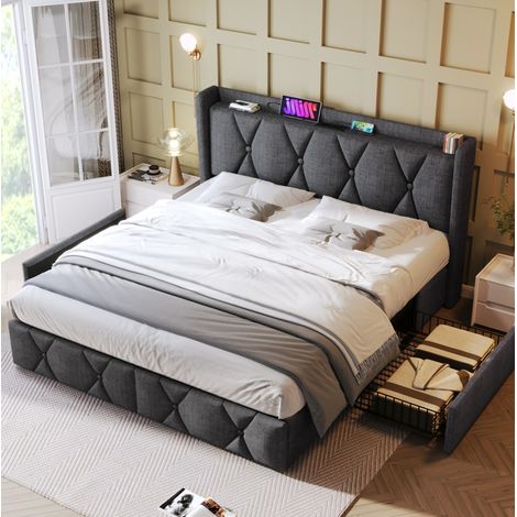 Bett Polsterbett modern aus Leinen Grau 160x200 cm mit Kopfteil, USB/Steckdosen, 4 Schubladen und Holzlattenrost