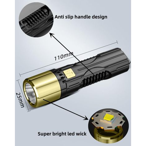 Mini torcia LED portatile ricaricabile tramite USB, tre modalità regolabili, impermeabile, per casa, regalo, campeggio (oro) (1/4)
