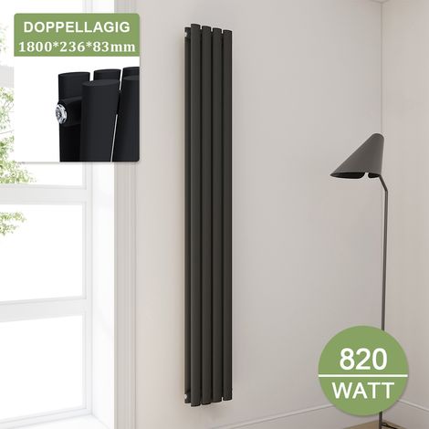 ELEGANT Heizkörper Anthrazit Doppellagig Röhrenheizkörper Oval Paneelheizkörper Vertikal 1800x236mm 820Watt