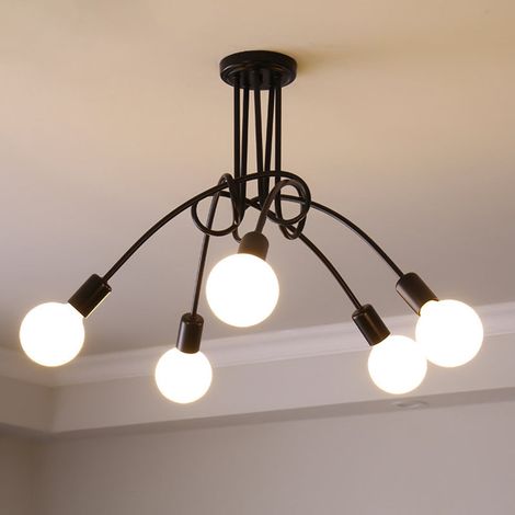 Plafonnier industriel, lustre Sputnik, plafonnier en métal à 5 ​​têtes, lustre vintage, noir (ampoule incluse) (1/5)