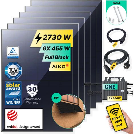 ROBINSUN®️ Kit Solar Enchufable Performance Wall 2.730Wp, 6 paneles Aiko 455Wp+ 3 Microinversores 800W con Wifi incluído+Cable 3m +6 Fijaciones 60º