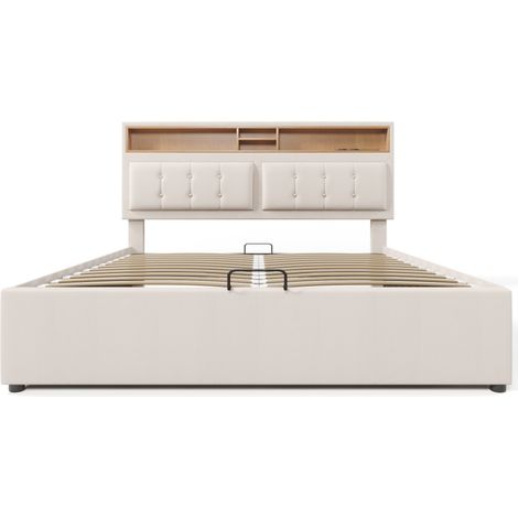 Polster-Doppelbett 140x200 aus Leinen, verstellbares Kopfteil, USB und Steckdosen, Beige (1/5)