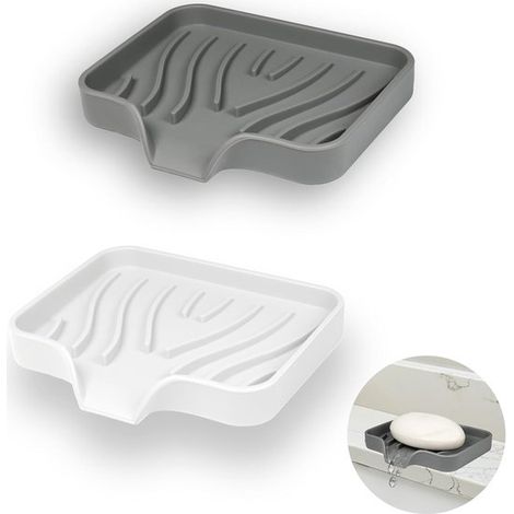 Jabonera de silicona de 2 piezas con desagüe，bandeja para jabón de ducha，soporte para jabón de bañera，cocina y encimera (blanco + gris) (1/5)