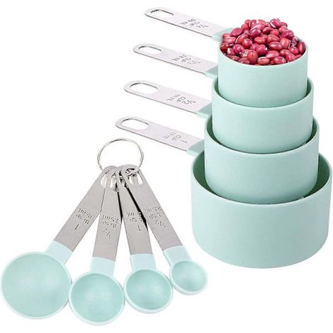 Set aus 8 stapelbaren Messbechern und -löffeln mit Edelstahlgriffen für trockene und flüssige Zutaten, Seeblau