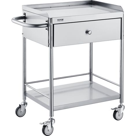 Vevor – Chariot de laboratoire 2 étages 71x42x78,5 cm – Inox avec tiroir – Charge 100 kg – Déplacement silencieux pour cliniques et cuisines
