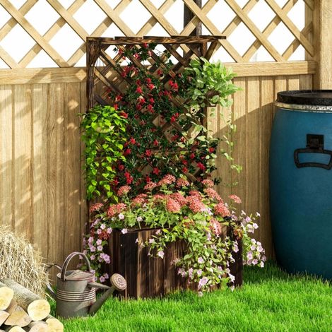 Jardinera con celosía (64x33x122 cm), diseño 2 en 1, techo colgante, madera, color carbón (1/5)