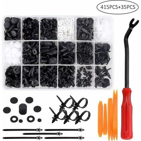 415 piezas de remaches de plástico, remaches de plástico de fijación protectora, clips universales para coche en blanco y negro con caja de almacenamiento y herramienta de instalación para paneles de  (1/5)