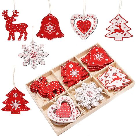 Décoration Arbre De Noël En Bois - 24 Pièces 5,5 cm - Pour Sapin Mur Porte Fenêtre Cheminée - Lot Artisanal Avec Boîte Rangement Bois (1/5)
