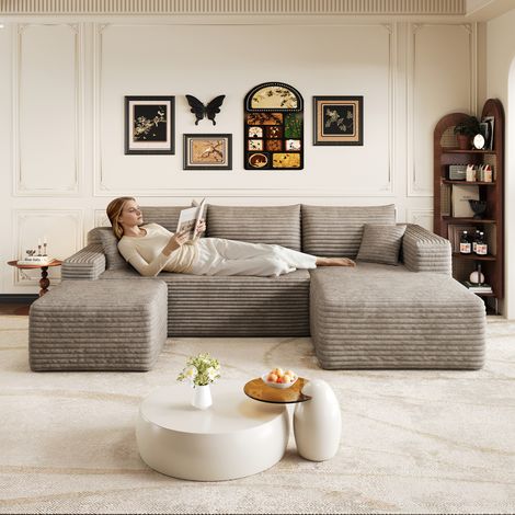 Canapé Modulaire 4 Places en Velours Côtelé avec Pouf et Méridienne à Droite, Sans Assemblage, Chameau