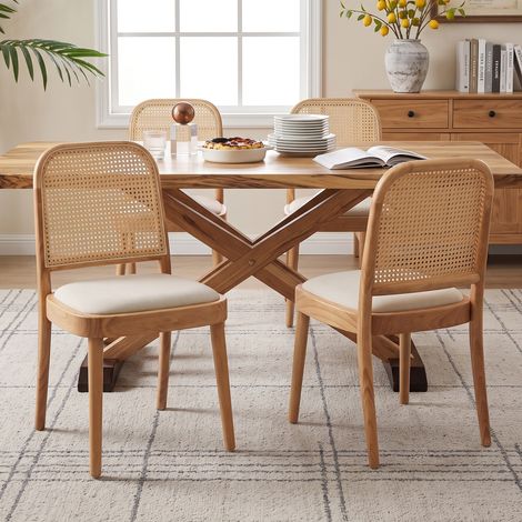 Cuatro sillas de comedor de madera maciza con respaldo de ratán, cómodas y transpirables, ideales para comedores, salas de estar y cafeterías. Estilo moderno, combinación de colores lino y madera. (1/5)