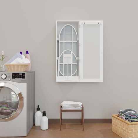 Wandmöbel mit klappbarem Bügelbrett, Spiegel und MDF-Regalen, Weiß, OKWISH (1/5)