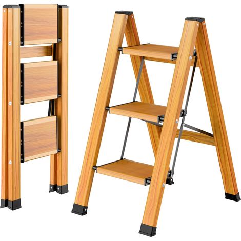 Échelle pliante à 3 marches en aluminium, portable, antidérapante, multifonction, avec design grain de bois, charge maximale : 150 kg, pour la maison, la cuisine, la salle de bain, le camping (1/5)