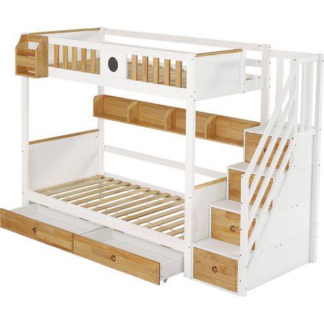 Letto a castello per bambini 90x200 cm con scala contenitore, cassetti e mensola, bianco naturale (1/5)