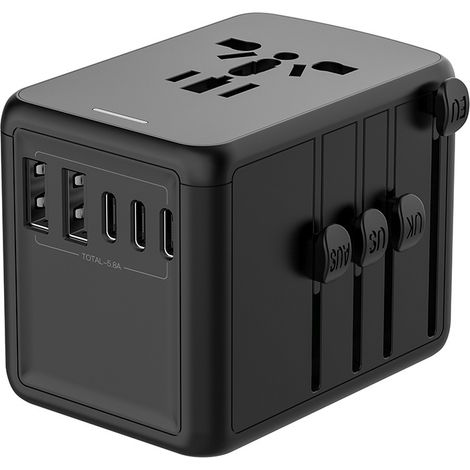 Adaptateur de voyage universel, adaptateur secteur international 5 ports 5,8 A 30 W avec 3 ports USB-C, 2 ports USB-A et 1 port CA, adaptateur mural (1/5)