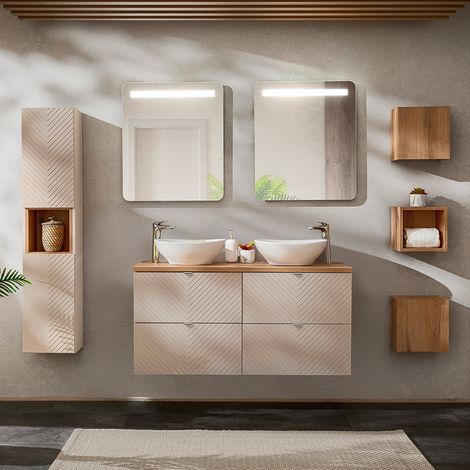 Conjunto de muebles con doble lavabo 120cm columna y 3 armarios de pared Manoa Cachemira y madera (1/4)