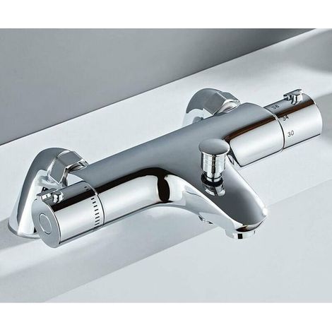 Realizzato in ottone con finitura cromata, questo rubinetto termostatico per vasca da bagno è dotato di controllo della temperatura ed è ideale per vasche da bagno e docce. (1/4)
