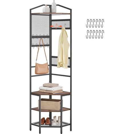 Portant d’entrée d’angle 1810 mm, vestiaire avec crochets, étagère supérieure et structure acier, organisateur chaussures et vêtements autoportant, kit anti-basculement, pieds réglables antidérapants (1/5)