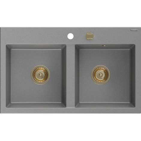 Mexen Hektor lavello in granito a 2 vasche 800 x 480 mm, grigio, sifone dorato - 6521802000-71-G (1/5)