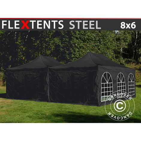 Pop up gazebo FleXtents Steel 8x6 m Black, incl. 8 sidewalls