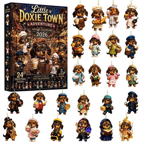Coffret cadeau de Noël surprise teckel style européen, chiot de dessin animé en acrylique, figurine de teckel, coffret cadeau. (1/5)