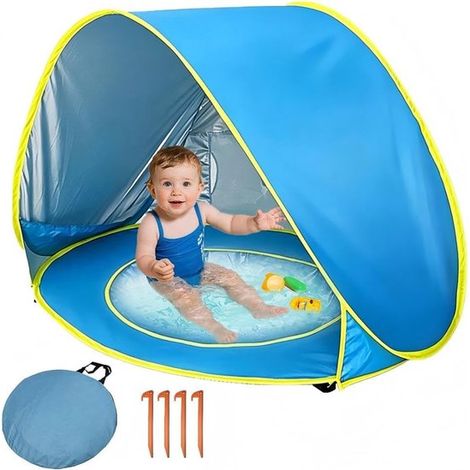 Schnellaufbaubares, tragbares Baby-Strandzelt mit UPF 50+ Sonnenschutz und Mini-Pool, Blau (1/5)
